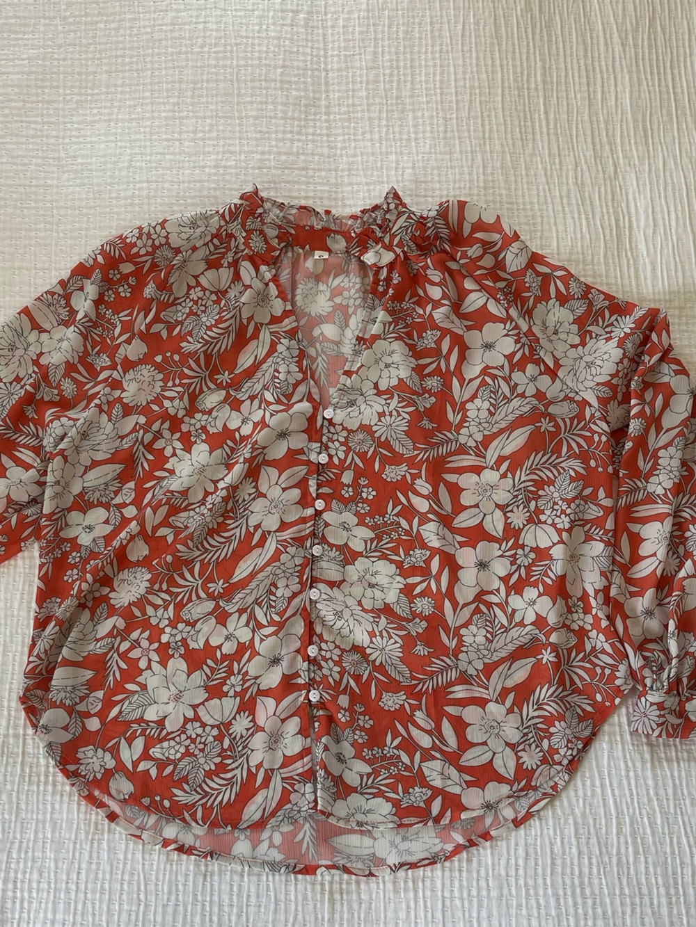 SHEIN Rust Floral Puff-Sleeve Ruffle collar Blouse